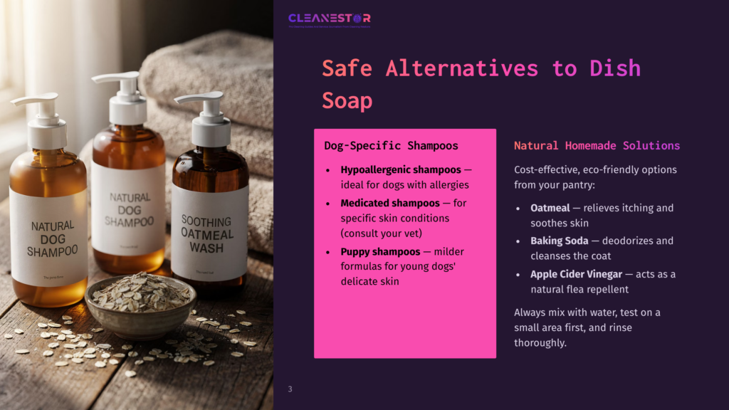 Three Bottles Of Natural Dog Shampoo And Oatmeal Sit On A Wooden Surface Next To A Bowl Of Oatmeal, With Fluffy Towels In The Background. Text Overlay Reads &Quot;Cleanestor Safe Alternatives To Dish Soap&Quot;.