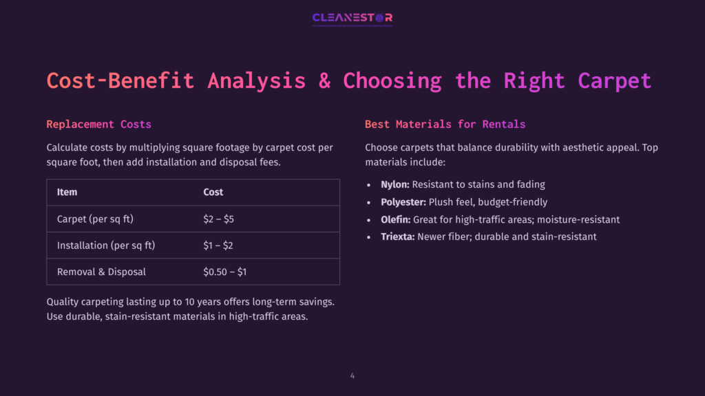 4 Cost Benefit Analysis And Choosing The Right Carpet Cost-Benefit Analysis &Amp; Choosing The Right Carpet: A Slide Detailing Carpet Replacement Costs, Including Per Square Foot Pricing For Carpet, Installation, And Removal &Amp; Disposal. It Also Lists Best Materials For Rentals, Such As Nylon, Polyester, And Triexta, With Their Benefits.