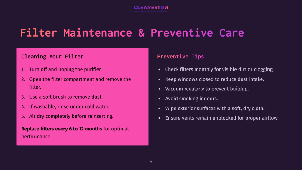 4 Filter Maintenance And Preventive Care A Slide Titled &Quot;Filter Maintenance &Amp; Preventive Care&Quot; With Two Columns: &Quot;Cleaning Your Filter&Quot; Lists 5 Steps For Cleaning, And &Quot;Preventive Tips&Quot; Lists 5 Tips For Filter Care.