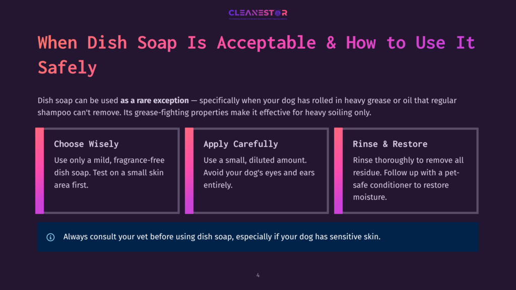 Graphic With Text: &Quot;When Dish Soap Is Acceptable &Amp; How To Use It Safely&Quot;. Sections Include &Quot;Choose Wisely&Quot;, &Quot;Apply Carefully&Quot;, And &Quot;Rinse &Amp; Restore&Quot;, With A Warning To Consult A Vet.