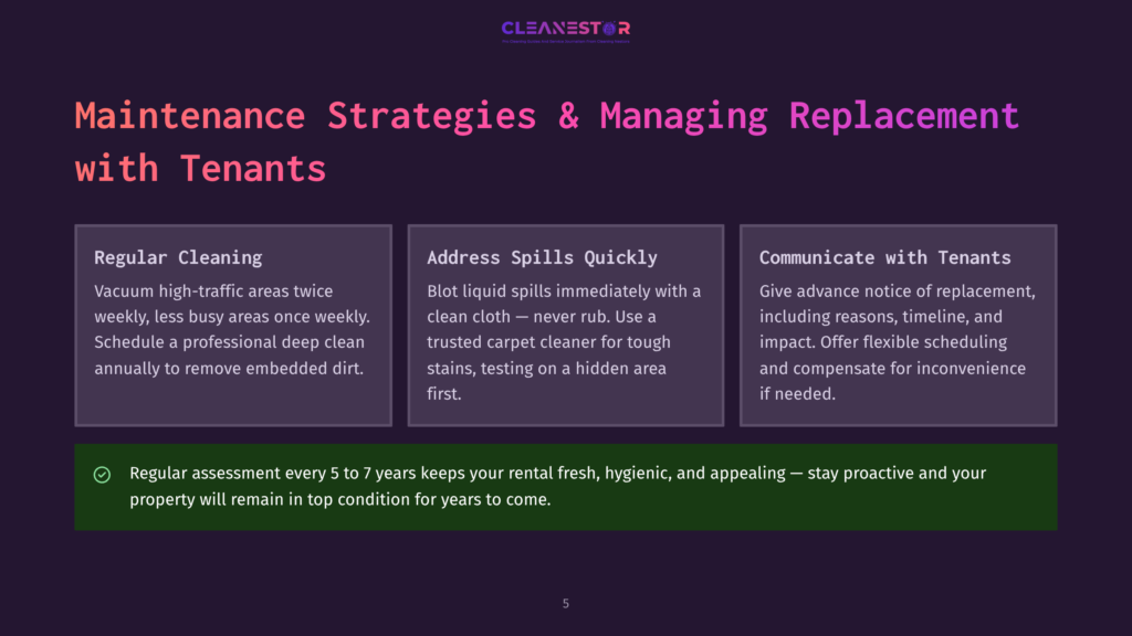 5 Maintenance Strategies And Managing Replacement With Tenants Three Columns Detailing Maintenance Strategies For Rental Properties: Regular Cleaning, Address Spills Quickly, And Communicate With Tenants. The Text &Quot;Maintenance Strategies &Amp; Managing Replacement With Tenants&Quot; Is Prominent.