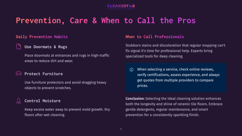The Cleanestor Graphic Outlines Prevention, Care, And When To Call Professionals For Floor Cleaning, Detailing Tips Like Using Doormats And Protecting Furniture.