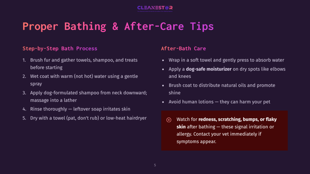 Presentation Slide Titled &Quot;Proper Bathing &Amp; After-Care Tips&Quot; With Two Columns: &Quot;Step-By-Step Bath Process&Quot; And &Quot;After-Bath Care,&Quot; Detailing Bathing Instructions And Post-Bath Recommendations.
