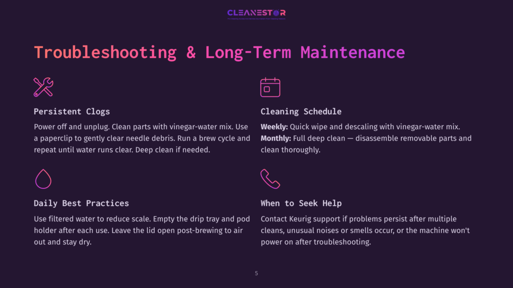 5 Troubleshooting And Long Term Maintenance Troubleshooting &Amp; Long-Term Maintenance Guide: Persistent Clogs, Cleaning Schedule, Daily Best Practices, And When To Seek Help, With Icons For Each Section.