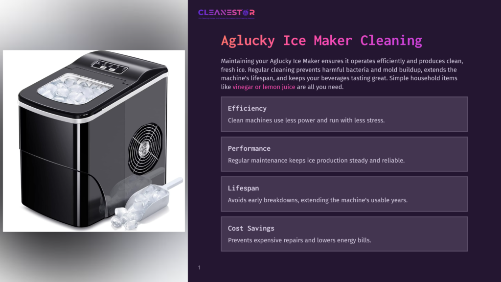 Cleanestor Aglucky Ice Maker Cleaning: A Sleek, Black Countertop Ice Maker With A Clear Lid Filled With Ice Sits On A White Surface, Accompanied By A Scoop Of Ice.