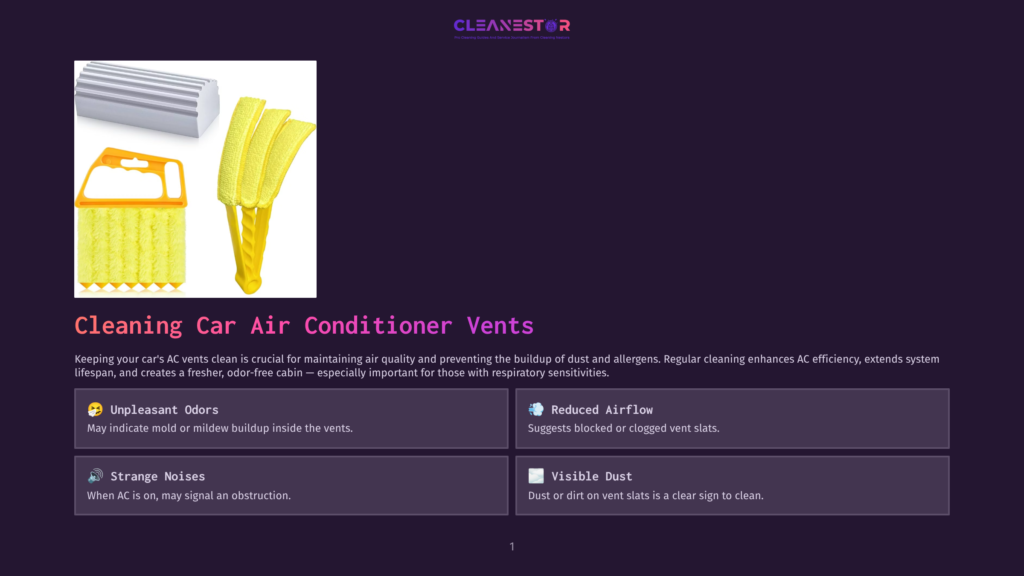 Cleaning Car Air Conditioner Vents: A Yellow Vent Cleaning Brush And A Silver Vent Cleaner Tool Are Displayed Against A Dark Purple Background.