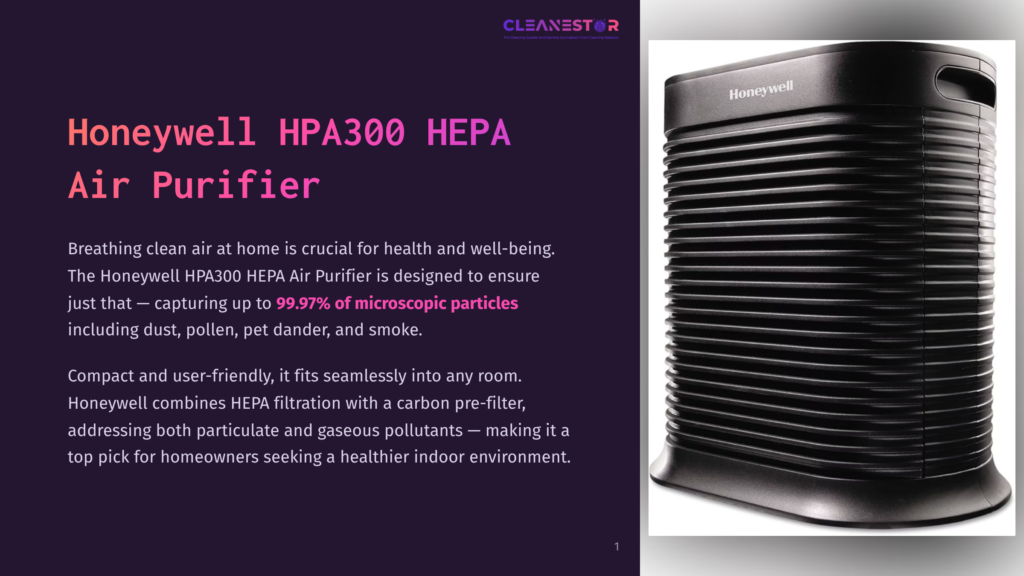 Black Honeywell Hpa300 Hepa Air Purifier With A Sleek, Modern Design, Featuring Horizontal Slats And A Silver Honeywell Logo. Text On The Left Reads &Quot;Honeywell Hpa300 Hepa Air Purifier&Quot;.