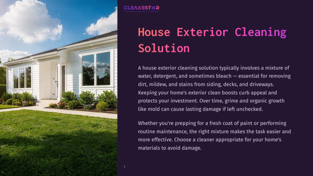 A Modern White House With A Clean Exterior, Green Lawn, And Bright Blue Sky, Featuring Text For &Quot;Cleanestor House Exterior Cleaning Solution.