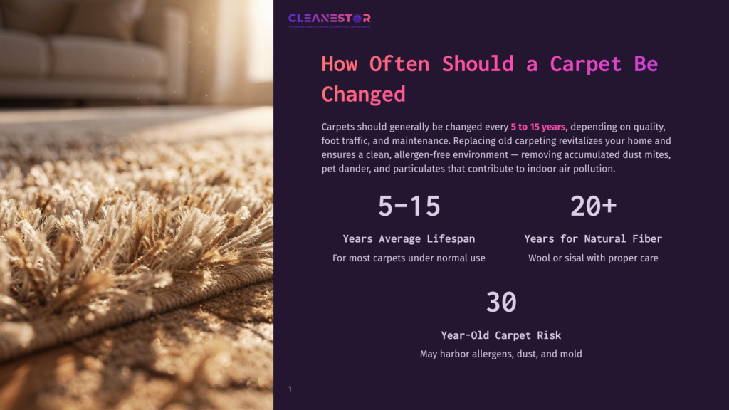 Close-Up Of A Textured Beige Carpet With Soft Lighting, Featuring The Cleanestor Logo And Text About Carpet Lifespan And Risk.