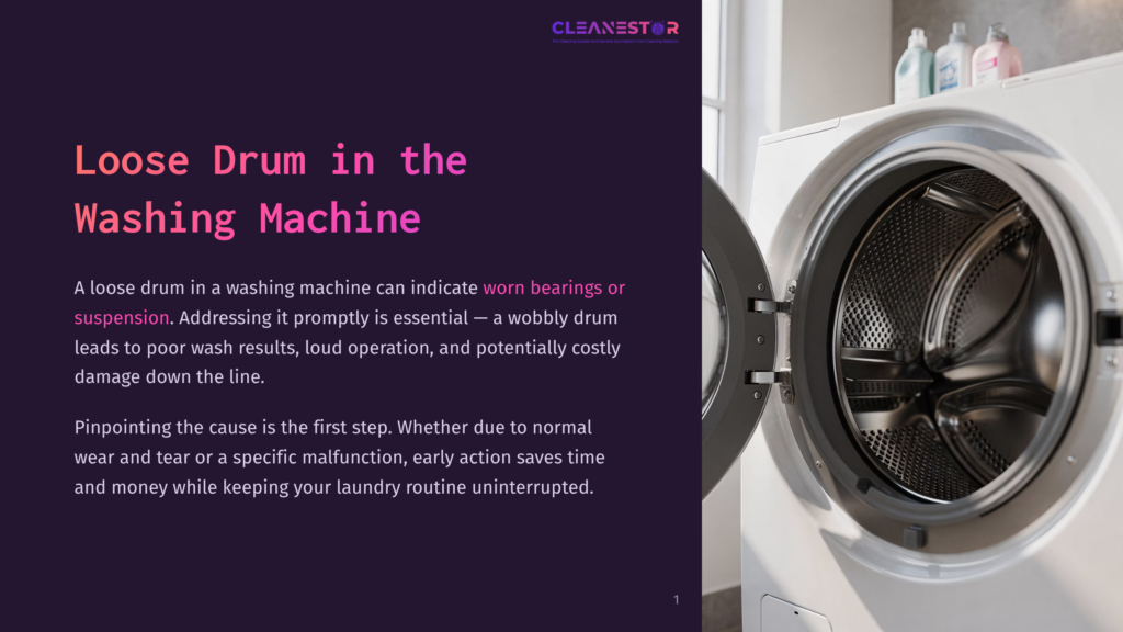 1 Loose Drum In The Washing Machine Close Up Of The Open Drum Of A White Washing Machine, With A Dark Purple Overlay On The Left Featuring Text About Loose Washing Machine Drums, Worn Bearings, And Suspension.