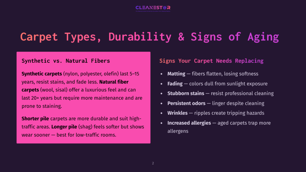 Presentation Slide Titled &Quot;Carpet Types, Durability &Amp; Signs Of Aging&Quot; With Sections On Synthetic Vs. Natural Fibers, And Signs Your Carpet Needs Replacing, Including Matting, Fading, And Wear.