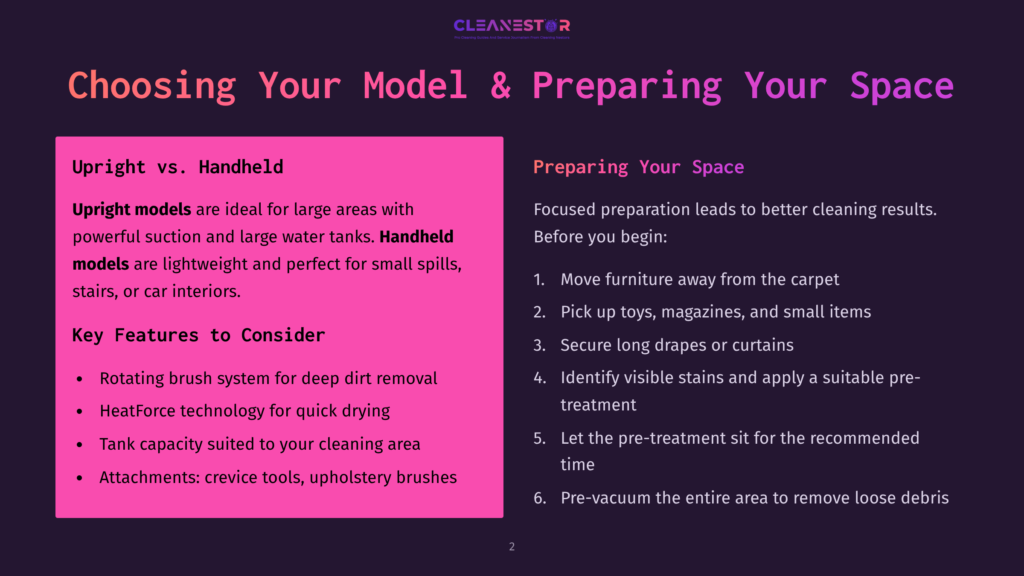 Slide Titled &Quot;Choosing Your Model &Amp; Preparing Your Space,&Quot; Comparing Upright Vs. Handheld Vacuums And Listing Preparation Steps For Cleaning.