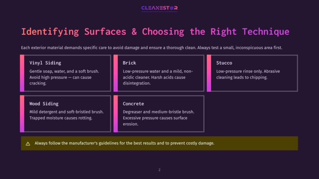 Infographic On Identifying Surfaces For Exterior Cleaning, Detailing Vinyl Siding, Brick, Stucco, Wood Siding, And Concrete, With Cleaning Techniques And Warnings.
