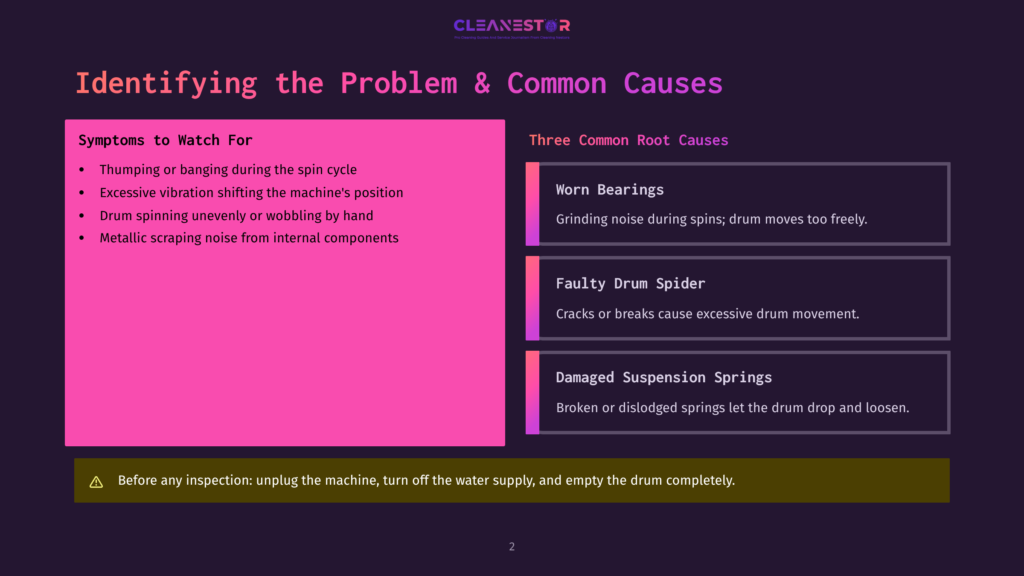 2 Identifying The Problem And Common Causes Infographic Titled &Quot;Identifying The Problem &Amp; Common Causes&Quot; For Washing Machines, Detailing Symptoms Like Thumping And Scraping Noises, And Root Causes Such As Worn Bearings, Faulty Drum Spiders, And Damaged Suspension Springs.