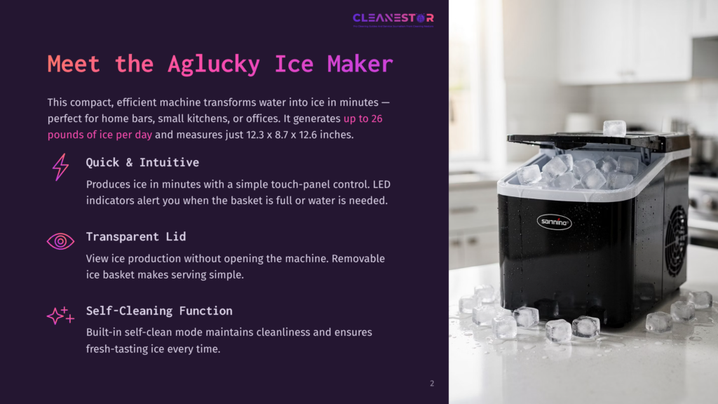 A Compact, Efficient Ice Maker On A Kitchen Counter, Producing Ice Cubes. The Text Reads &Quot;Cleanestor&Quot; And &Quot;Meet The Aglucky Ice Maker&Quot;.
