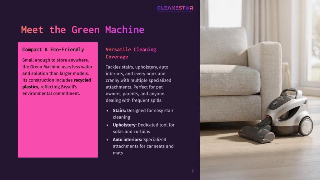 A Sleek, Silver Bissell Green Machine Carpet Cleaner Sits On A Plush, Grey Carpet Next To A Cream-Colored Sofa, Ready For Deep Cleaning Upholstery And Carpets.