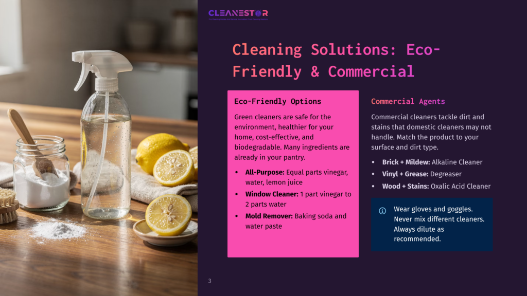 A Clear Spray Bottle Filled With A Light-Colored Liquid Sits On A Wooden Table Next To Lemons And A Jar Of Baking Soda, With The Text &Quot;Cleanestor Cleaning Solutions: Eco-Friendly &Amp; Commercial&Quot; Visible.