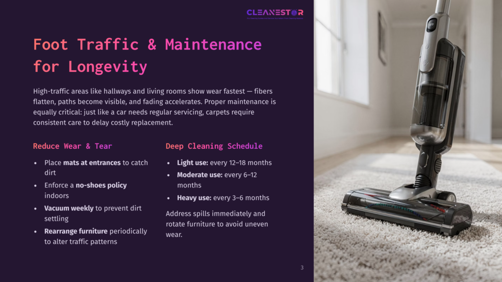 A Modern Cordless Vacuum Cleaner With A Sleek Design Is Shown On A Plush, Cream-Colored Carpet. Text Overlay Discusses &Quot;Foot Traffic &Amp; Maintenance For Longevity&Quot; And &Quot;Deep Cleaning Schedule.