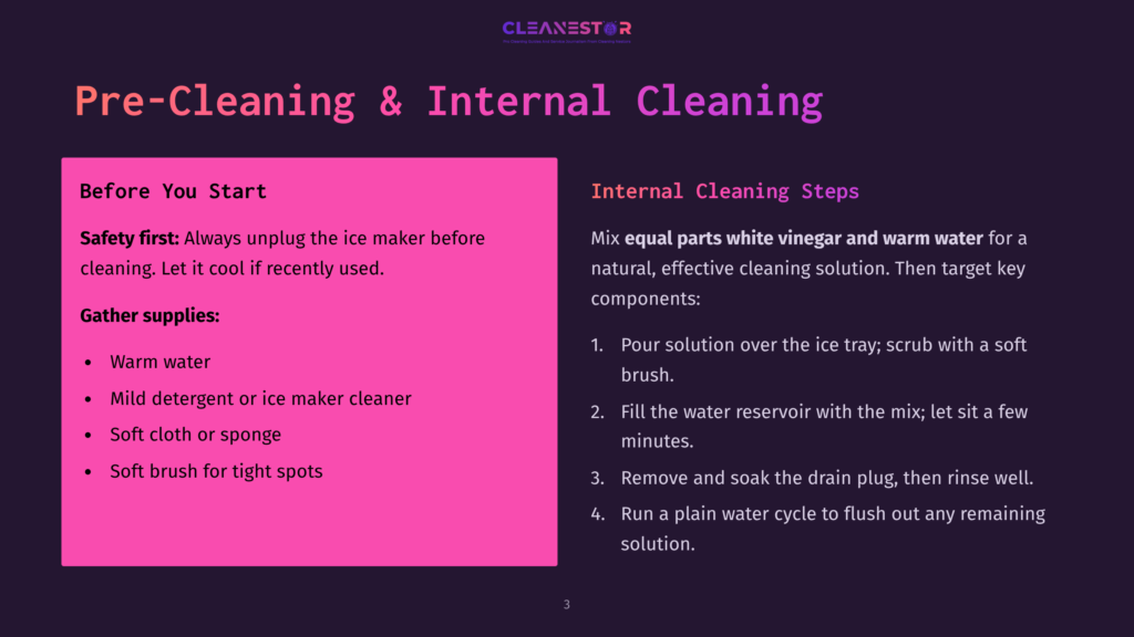 The Cleanestor Presentation Slide Details Pre-Cleaning And Internal Cleaning Steps For An Ice Maker, With Safety Instructions And Required Supplies Listed.