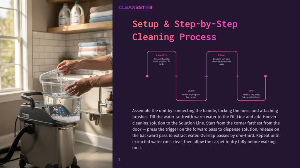 Cleanestor Setup And Step-By-Step Cleaning Process Graphic, Illustrating The Assembly, Start, And Dry Phases Of Carpet Cleaning.