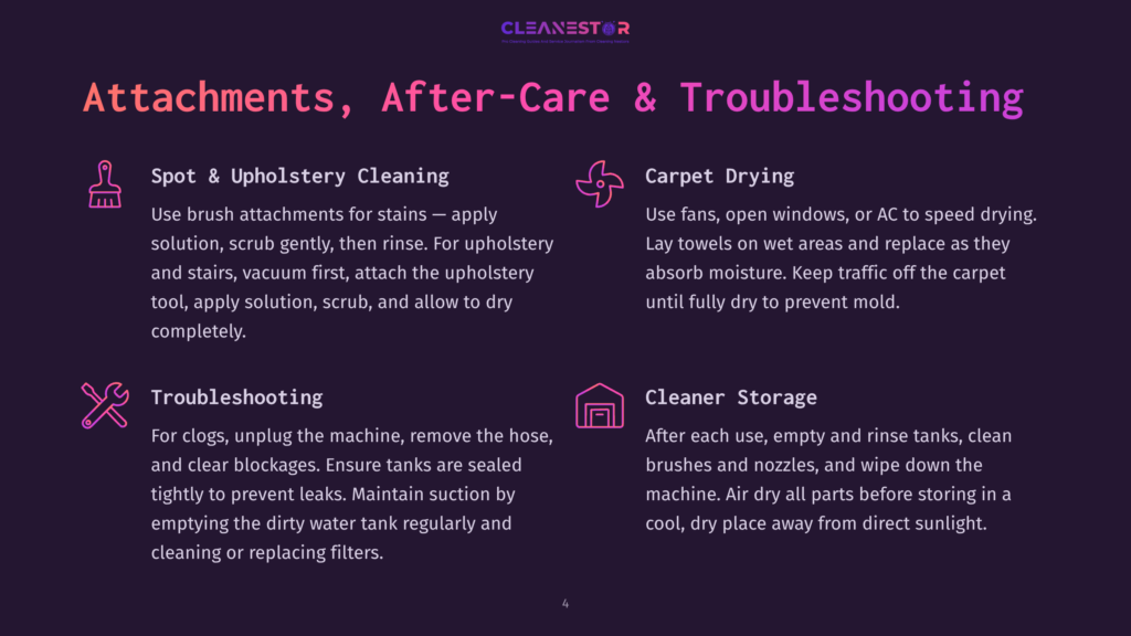 Infographic Detailing Attachments, After-Care, And Troubleshooting For Carpet Cleaning Machines. Sections Include Spot &Amp; Upholstery Cleaning, Carpet Drying, Troubleshooting, And Cleaner Storage.