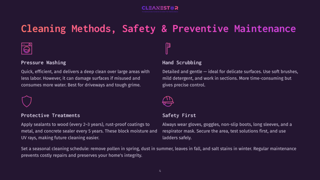 Infographic Detailing Cleaning Methods: Pressure Washing, Hand Scrubbing, Protective Treatments, And Safety First. Includes Icons For Each Section And Brief Descriptions.