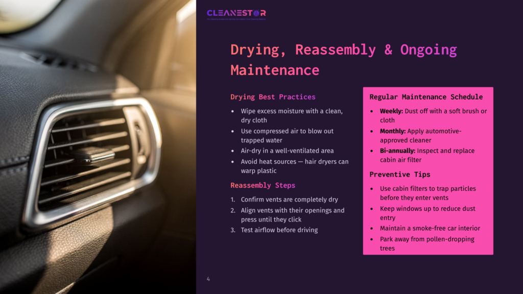 Close-Up Of A Car'S Interior Air Vent, With Text Overlay Detailing Cleaning And Maintenance Schedules For Drying, Reassembly, And Ongoing Car Care.