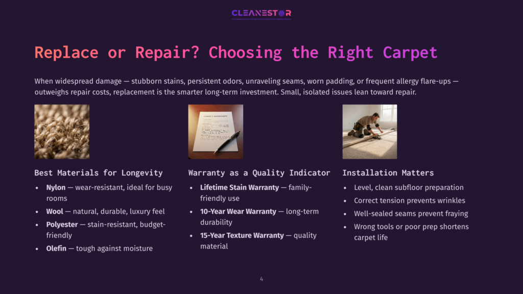 Close-Up Of Carpet Texture, A Document With Text And A Signature, And A Carpet Installer Working On A Floor. Text Overlays: &Quot;Replace Or Repair? Choosing The Right Carpet,&Quot; &Quot;Best Materials For Longevity,&Quot; &Quot;Warranty As A Quality Indicator,&Quot; And &Quot;Installation Matters.