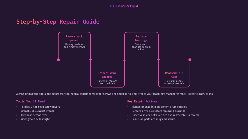 4 Step By Step Repair Guide Step-By-Step Repair Guide For A Washing Machine, Illustrating How To Remove The Back Panel, Inspect Drum Paddles, Replace Bearings, And Reassemble The Appliance.