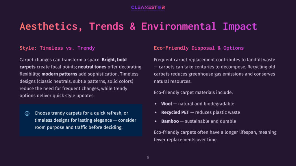 Cleanestor Presentation Slide: &Quot;Aesthetics, Trends &Amp; Environmental Impact&Quot; With Sections On &Quot;Style: Timeless Vs. Trendy&Quot; And &Quot;Eco-Friendly Disposal &Amp; Options,&Quot; Discussing Carpet Choices And Sustainable Materials Like Wool And Bamboo.