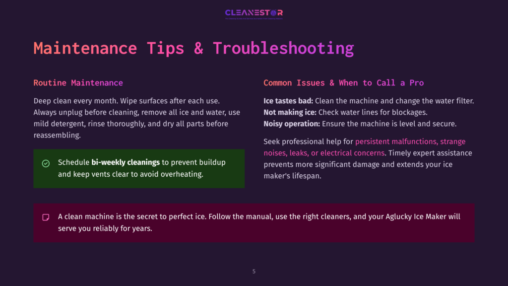 Cleanestor Ice Maker Maintenance Tips: &Quot;Routine Maintenance&Quot; And &Quot;Common Issues &Amp; When To Call A Pro,&Quot; With Advice On Cleaning, Ice Production, And Troubleshooting.