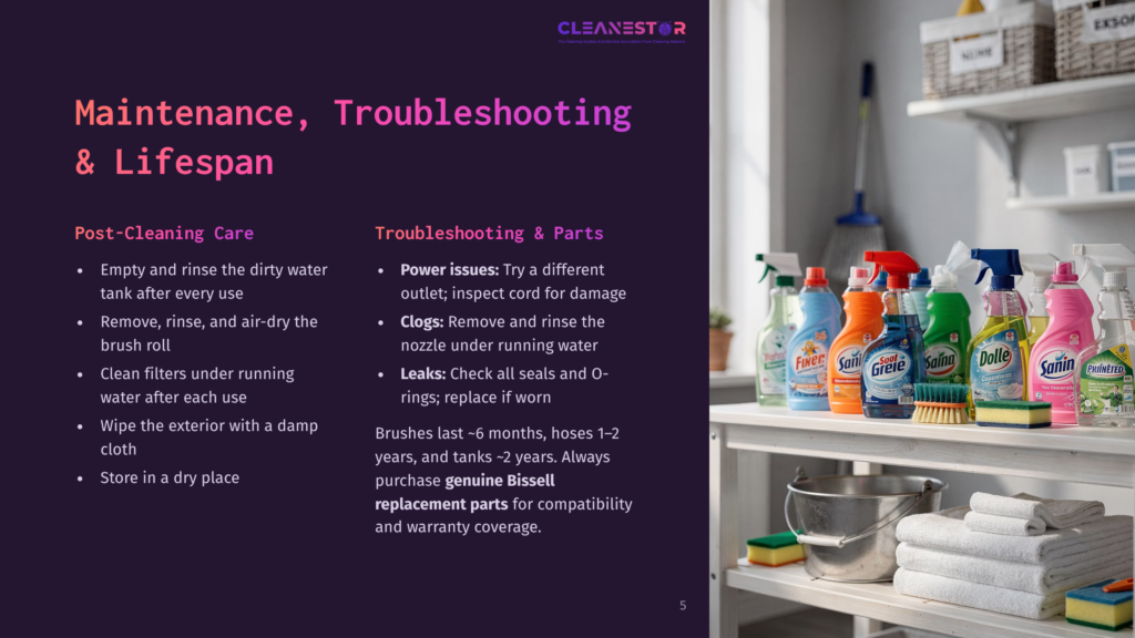 A Shelf Filled With Cleaning Supplies, Including Bissell Cleaning Solutions, And Neatly Folded White Towels Below. Text Overlay Reads: &Quot;Cleanestor Maintenance, Troubleshooting &Amp; Lifespan&Quot;.