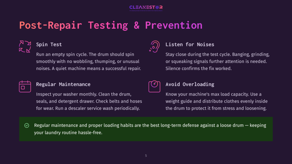 5 Post Repair Testing And Prevention Cleanestor Logo And Text: &Quot;Post-Repair Testing &Amp; Prevention&Quot; With Sections On Spin Test, Listen For Noises, Regular Maintenance, And Avoid Overloading, Plus A Green Bar With Maintenance Tips.