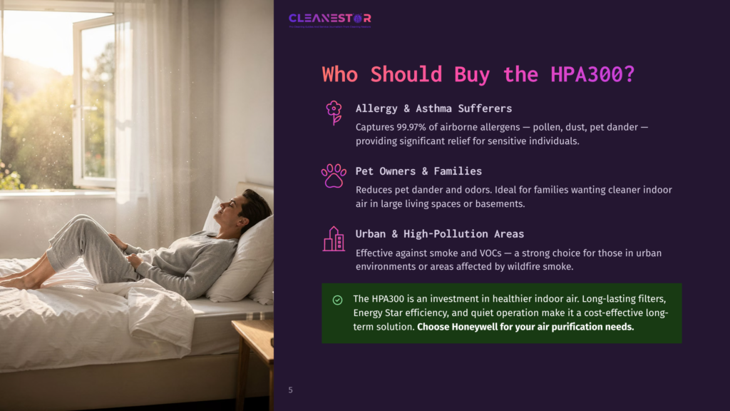 A Woman Relaxes In A Sunlit Bedroom On A White Bed, With Sunlight Streaming Through A Large Window. Text Overlay Reads Cleanestor Who Should Buy The Hpa300? Allergy &Amp; Asthma Sufferers, Pet Owners &Amp; Families, Urban &Amp; High-Pollution Areas.