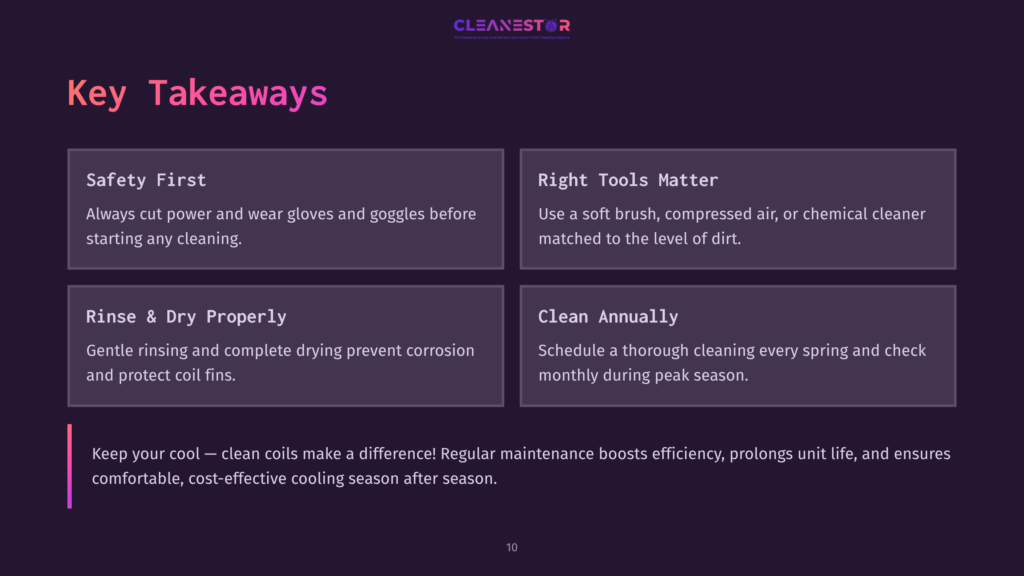 A Slide With A Dark Purple Background Displaying Key Takeaways About Cleaning Condenser Coils, Featuring Bullet Points In White Text.
