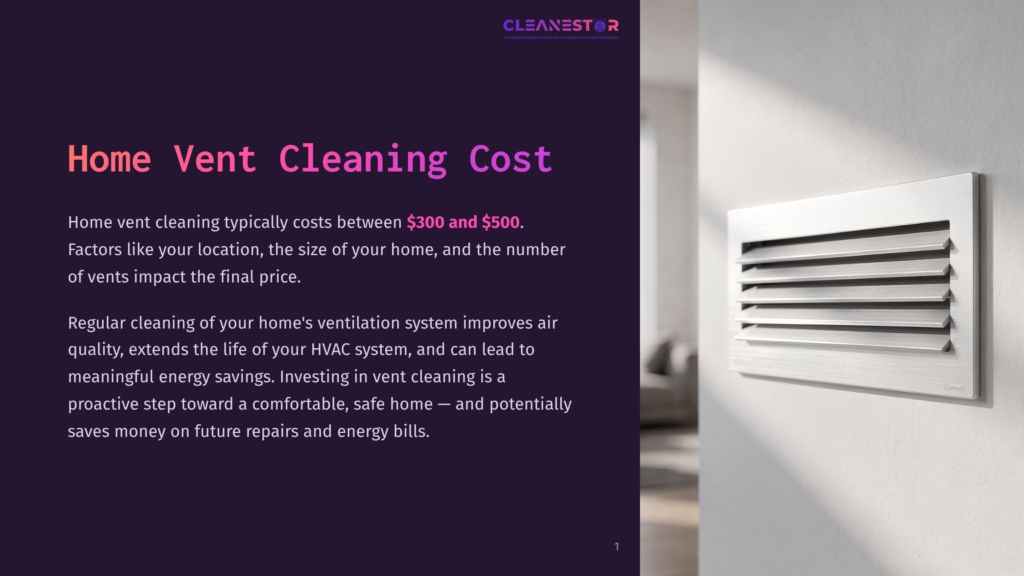 Close-Up Of A Modern, Brushed Aluminum Home Vent On A White Wall, With The Text &Quot;Cleanestor&Quot; And &Quot;Home Vent Cleaning Cost&Quot; Visible On A Dark Background To The Left.