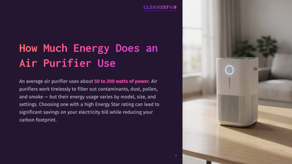 A Modern White Air Purifier With A Glowing Blue Ring Sits On A Wooden Table In A Sunlit Living Room. The Text &Quot;How Much Energy Does An Air Purifier Use&Quot; Is On The Left.