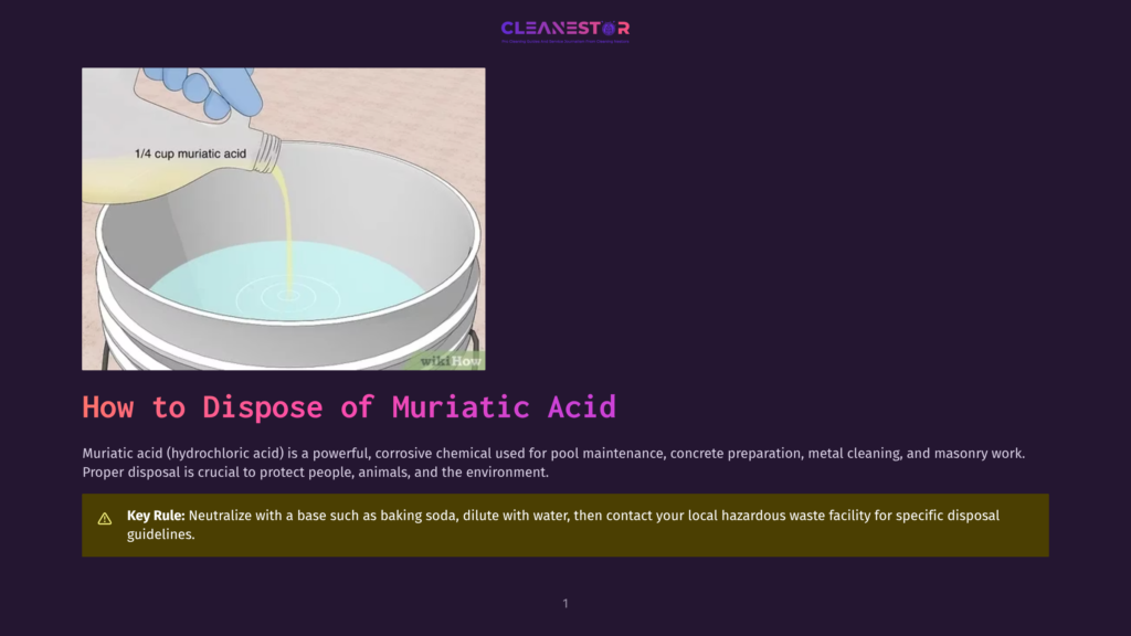 Illustration Shows A Gloved Hand Pouring 1/4 Cup Of Muriatic Acid Into A Bucket Of Water. Text Reads &Quot;How To Dispose Of Muriatic Acid&Quot; And &Quot;Key Rule: Neutralize With A Base Such As Baking Soda, Dilute With Water, Then Contact Your Local Hazardous Waste Facility For Specific Disposal Guidelines.