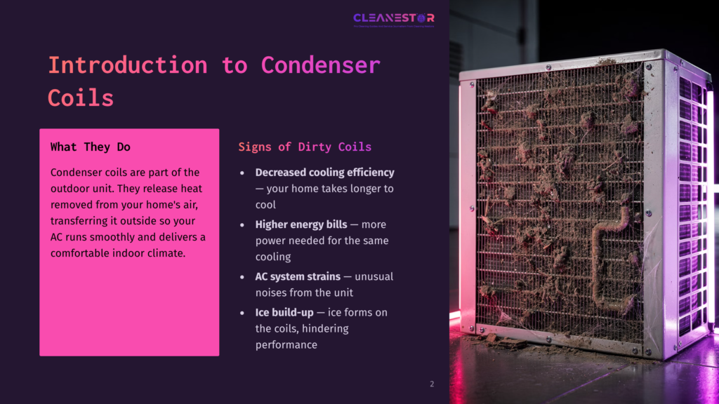 A Close-Up Of A Dirty Air Conditioner Condenser Coil With Grime And Debris, Set Against A Dark Purple Background, Highlighting Inefficiency.