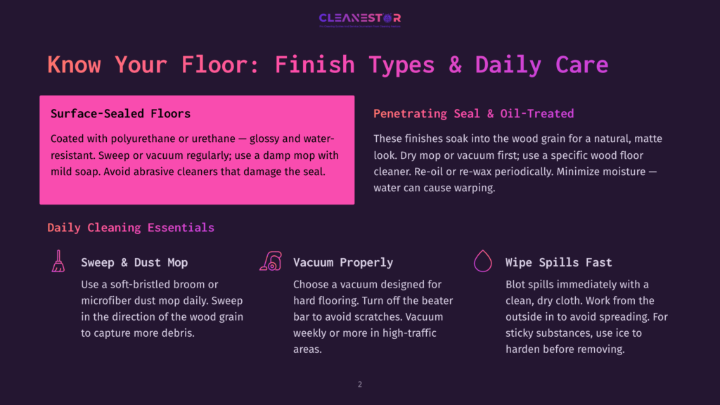 Infographic Detailing How To Finish And Care For Wood Floors, With Sections On &Quot;Surface-Sealed Floors&Quot; And &Quot;Penetrating Seal &Amp; Oil-Treated,&Quot; Plus Daily Cleaning Tips: Sweep &Amp; Dust Mop, Vacuum Properly, And Wipe Spills Fast.