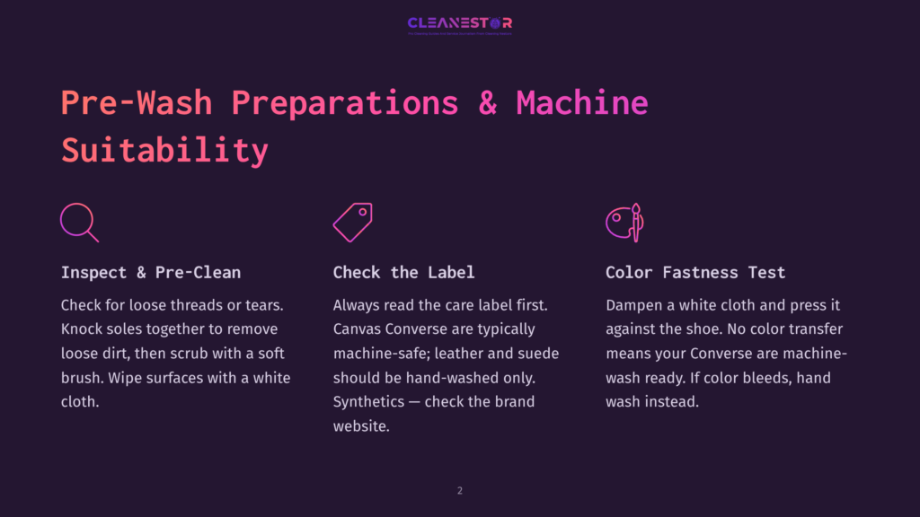 Infographic Detailing Pre-Wash Preparations For Machine Washing Converse Shoes: Inspect &Amp; Pre-Clean, Check The Label, And Color Fastness Test.