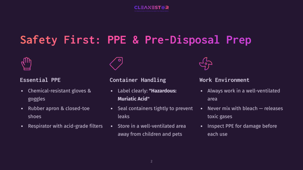 Safety First: Ppe &Amp; Pre-Disposal Prep. Essential Ppe Includes Chemical-Resistant Gloves, Goggles, Rubber Apron, And Respirator. Container Handling Requires Clear Labeling Of Hazardous Materials And Sealed Containers. Work Environment Emphasizes Well-Ventilated Areas, No Mixing With Bleach, And Inspecting Ppe For Damage.