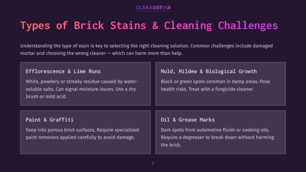 2 Types Of Brick Stains And Cleaning Challenges Infographic Detailing Types Of Brick Stains And Cleaning Challenges: Efflorescence, Mold, Mildew, Biological Growth, Paint, Graffiti, Oil, And Grease Marks. Includes Descriptive Text And Cleanestor Logo.