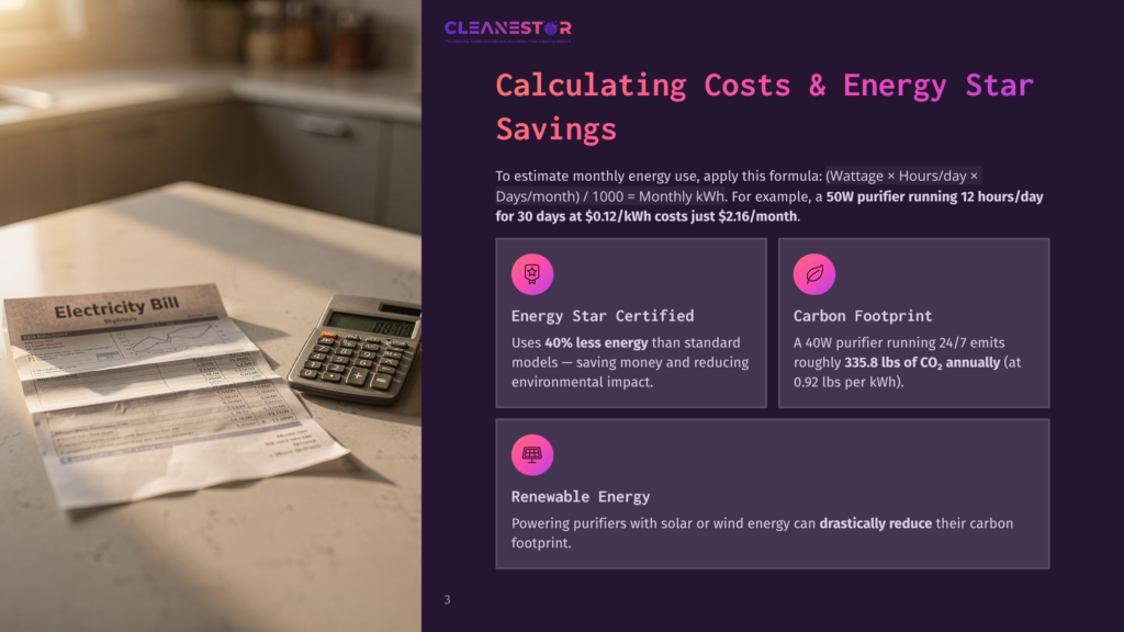 A Calculator Sits On An Electricity Bill, With A Smartphone Displaying The Cleanestor Logo And Text About Calculating Energy Costs And Carbon Footprint In The Background.