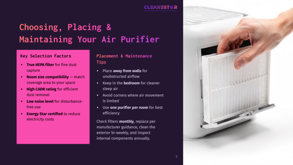 Close-Up Of A Hand Inserting A White Hepa Filter Into A White Air Purifier, With Text Overlay On The Left Detailing &Quot;Choosing, Placing &Amp; Maintaining Your Air Purifier&Quot; And &Quot;Key Selection Factors&Quot; Like &Quot;True Hepa Filter&Quot; And &Quot;Room Size Compatibility&Quot;.
