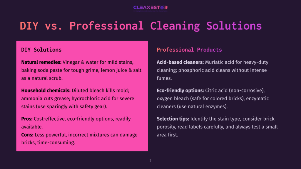 3 Diy Vs Professional Cleaning Solutions Diy Vs. Professional Cleaning Solutions: Diy Solutions Include Natural Remedies Like Vinegar And Baking Soda, And Household Chemicals Like Bleach. Professional Solutions Include Acid-Based Cleaners And Eco-Friendly Options Like Citric Acid.