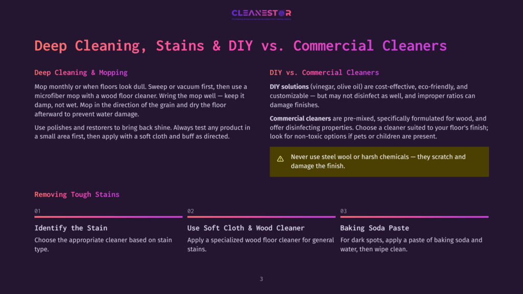 Infographic Comparing Diy Deep Cleaning And Commercial Cleaners. Highlights Include Deep Cleaning Steps, Diy Vs. Commercial Cleaner Pros And Cons, And Removing Tough Stains With Baking Soda Paste.