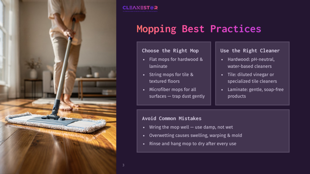 A Person Mops A Gleaming Hardwood Floor With A Flat Mop, Reflecting The Natural Light Streaming In From A Large Window. The Image Is Part Of A Presentation Slide Titled &Quot;Mopping Best Practices&Quot; With Tips For Hardwood And Laminate Floors.