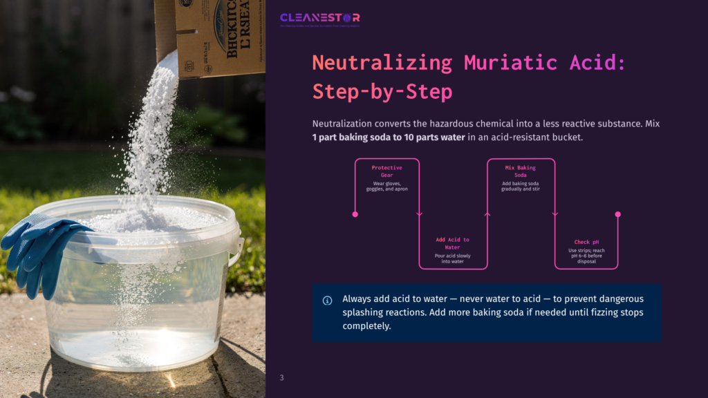 A Gloved Hand Pours White Baking Soda From A Bag Into A Clear Plastic Bucket Filled With Water, Illustrating A Step In Neutralizing Muriatic Acid.