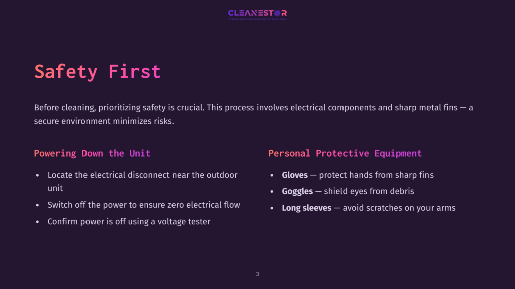 Instructional Slide Featuring A Dark Background With Purple Text. Lists Safety Guidelines And Protective Equipment For Cleaning Air Conditioner Coils.